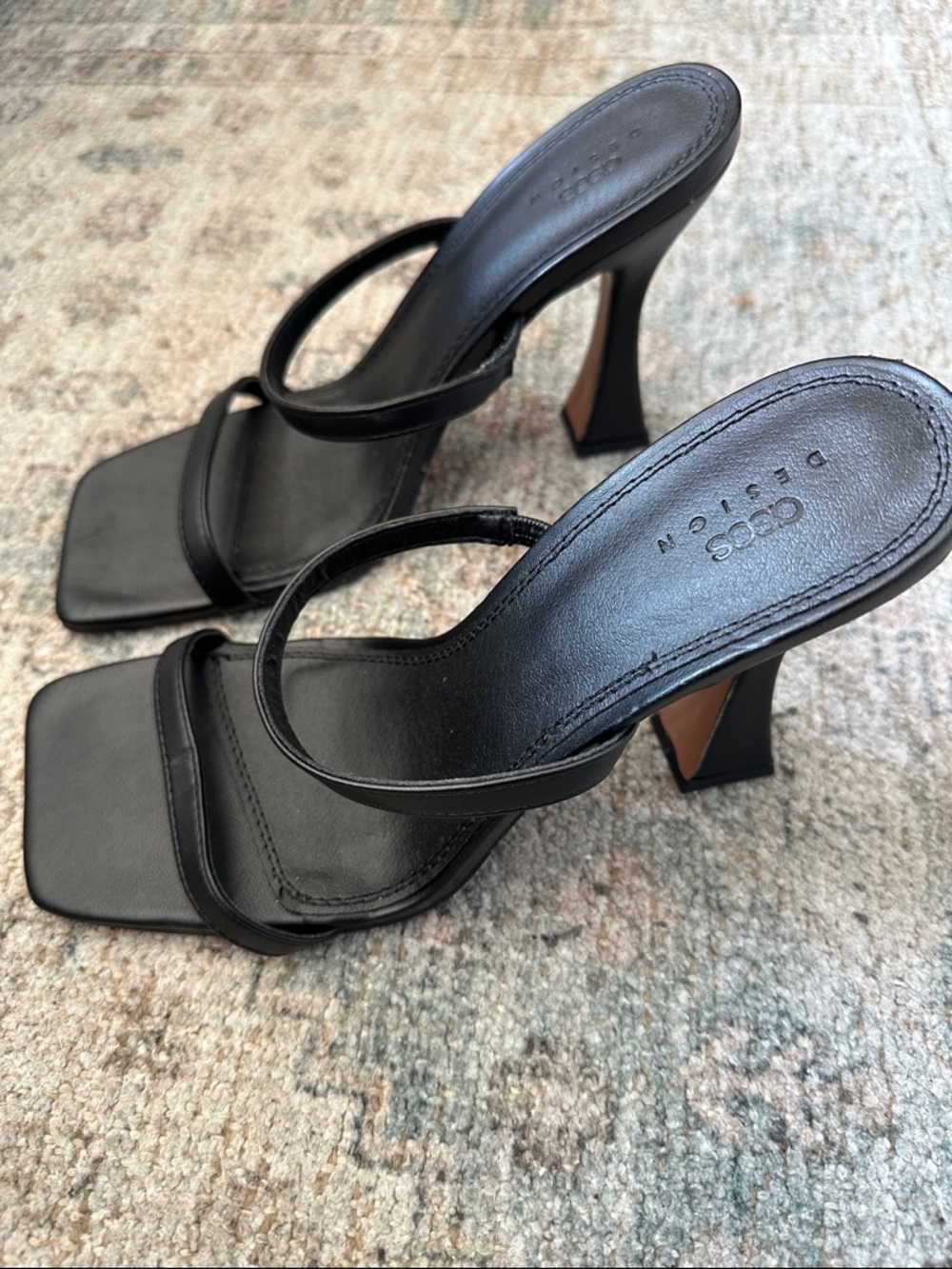 Asos Black Double-Strap Square-Toe Heeled Sandals